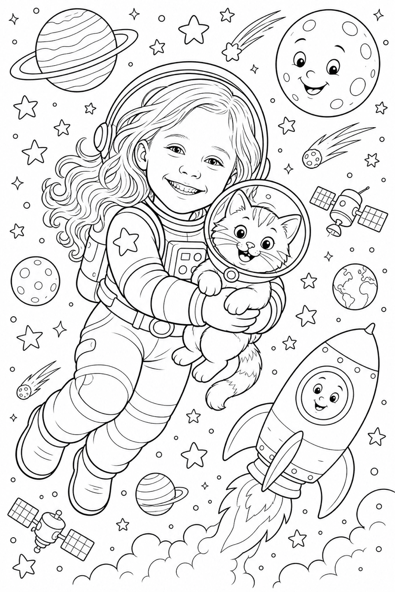 Strona do kolorowania: dziewczynka jako astronautka trzymająca kota w kosmosie